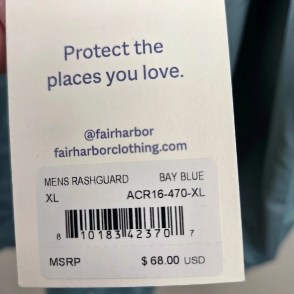 Fair Harbor Mens Rashguard Bay Blue XL UPF 50 Long Sleeve Swim Shirt Beach NWT